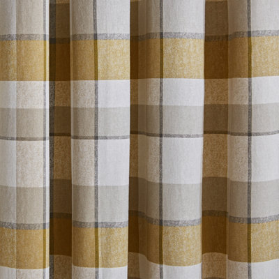 Catherine Lansfield Brushed Cotton Thermal Check 46x72 Inch Lined Eyelet Curtains Two Panels Ochre Yellow