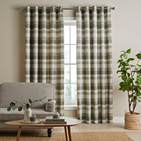 Catherine Lansfield Brushed Cotton Thermal Check 66x54 Inch Lined Eyelet Curtains Two Panels Green