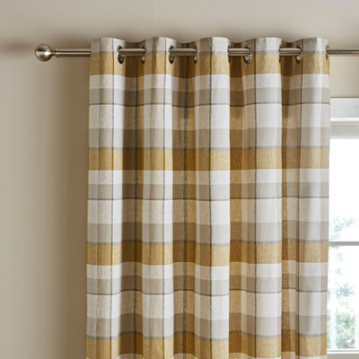 Catherine Lansfield Brushed Cotton Thermal Check 66x90 Inch Lined Eyelet Curtains Two Panels Ochre Yellow