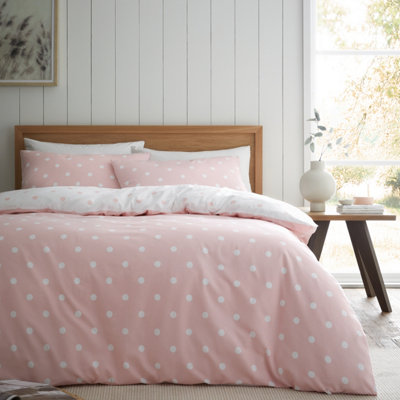 Catherine Lansfield Brushed Polka Dot Cotton Reversible Double Duvet Cover Set with Pillowcases Pink