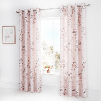 Catherine Lansfield Canterbury Floral 66x72 Inch Eyelet Curtains Two Panels Blush Pink