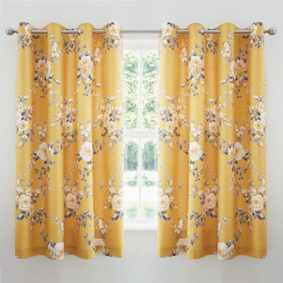 Catherine Lansfield Canterbury Floral 66x72 Inch Eyelet Curtains Two Panels Ochre