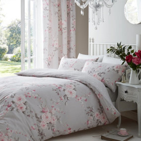 Catherine Lansfield Canterbury Floral Duvet Cover Set with Pillowcases Grey