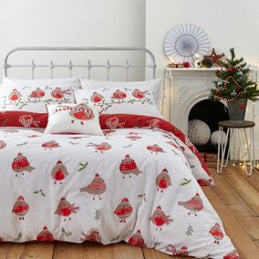 Catherine Lansfield Christmas Bedding Robins Duvet Cover Set with Pillowcases Red