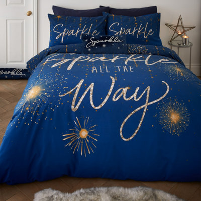 Catherine Lansfield Christmas Sparkle Reversible King Duvet Cover Set with Pillowcases Navy Blue