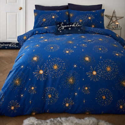 Catherine Lansfield Christmas Santa's Workshop, set copripiumino reversibile per letto king size, con federe, blu navy