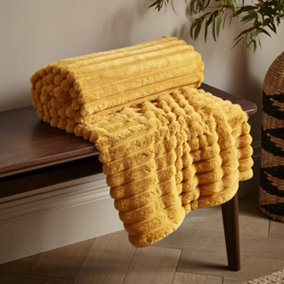 Catherine Lansfield Cosy Ribbed Faux Fur Blanket Throw Mustard
