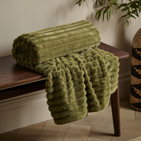 Catherine Lansfield Cosy Ribbed Faux Fur Blanket Throw Olive Green