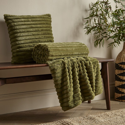Catherine Lansfield Cosy Ribbed Faux Fur Soft Touch 45x45cm Cushion Olive Green