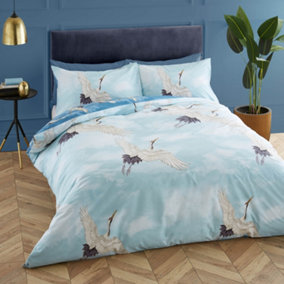 Catherine Lansfield Cranes King Duvet Cover Set with Pillowcases Duck egg Blue