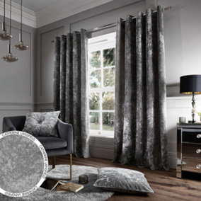 Catherine Lansfield Crushed Velvet 66x90 Inch Eyelet Curtains Two Panels Silver Grey