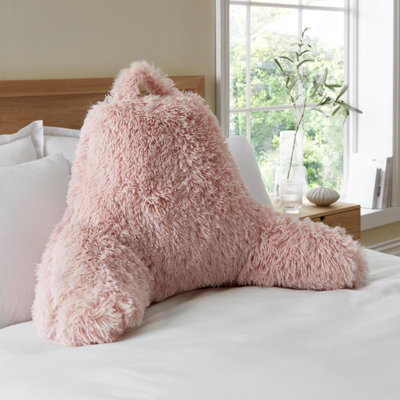 Catherine Lansfield Cuddly Deep Pile Faux Fur High Back Cuddle Cushion Back Rest Blush Pink