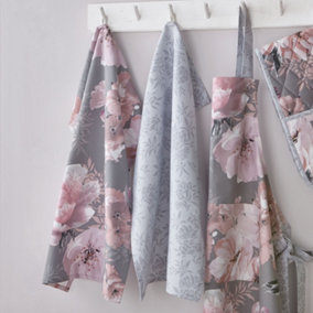 Catherine Lansfield Dining Dramatic Floral Cotton 50x70 cm Tea Towels Pair Grey