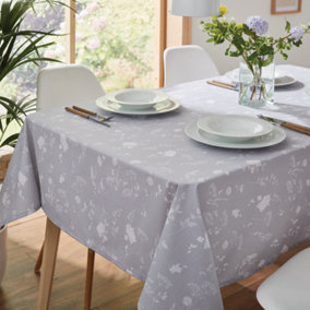 Catherine Lansfield Dining Meadowsweet Floral Wipe Clean 132x178 cm Table Cloth White Grey