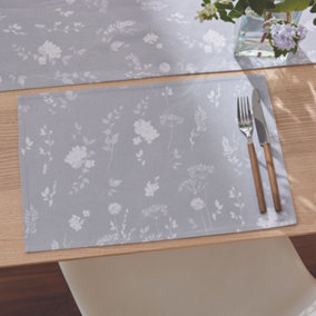 Catherine Lansfield Dining Meadowsweet Floral Wipe Clean 30x46 cm Placemat Pair White Grey