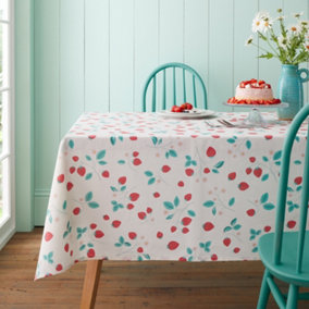 Catherine Lansfield Dining Strawberry Garden 137x229cm Table Cloth Cream/ Red