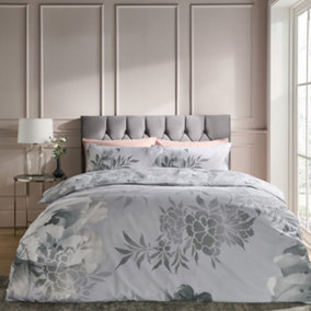 Catherine Lansfield Dramatic Floral Double Duvet Cover Set with Pillowcases Silver Grey