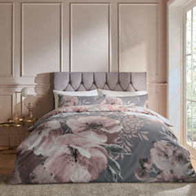 Catherine Lansfield Dramatic Floral Duvet Cover Set with Pillowcases Grey