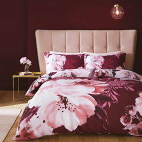 Catherine Lansfield Dramatic Floral King Duvet Cover Set with Pillowcases Claret Red