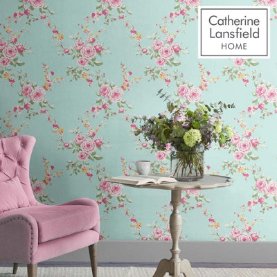 Catherine Lansfield Duck Egg Floral Pearl effect Embossed Wallpaper