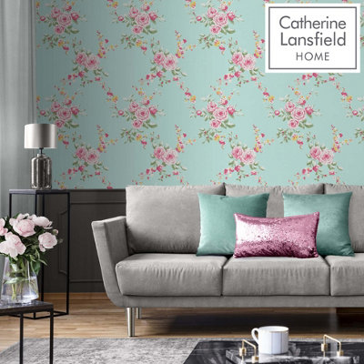 Catherine Lansfield Duck Egg Floral Pearl effect Embossed Wallpaper