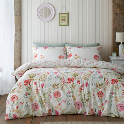 Catherine Lansfield Ella Poppy Reversible Duvet Cover Set with Pillowcase Cream