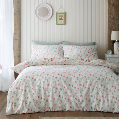 Catherine Lansfield Ella Poppy Reversible Duvet Cover Set with Pillowcase Cream