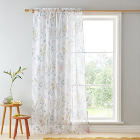 Catherine Lansfield Emilia Floral 55x48 Inch Slot Top Voile Curtain Panel White
