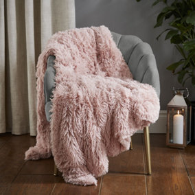 Catherine Lansfield Extra Large Cuddly Deep Pile Faux Fur Family Size Large Blanket Throw Blush Pink