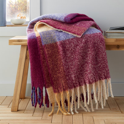 Catherine Lansfield Faux Mohair Check Blanket Throw Plum
