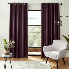 Catherine Lansfield Faux Silk 46x54 Inch Blackout Thermal Insulating Eyelet Curtains Two Panels Aubergine