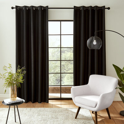 Catherine Lansfield Faux Silk 46x72 Inch Blackout Thermal Insulating Eyelet Two Curtain Panels Black