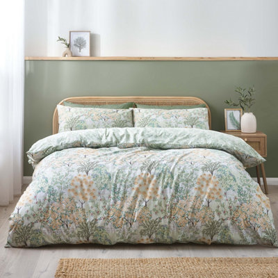 Catherine Lansfield Forest Blossom Reversible Duvet Cover Set with Pillowcases Green