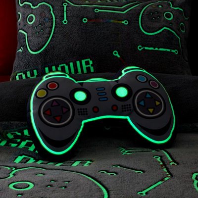 Catherine Lansfield Game Over Glow in the Dark Fleece 3D Shaped Cushion Black