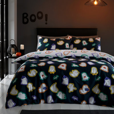 Catherine Lansfield Halloween Ghosts Reversible Duvet Cover Set with Pillowcases Black