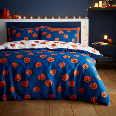 Catherine Lansfield Halloween Pumpkins Reversible Duvet Cover Set with Pillowcase Navy Blue