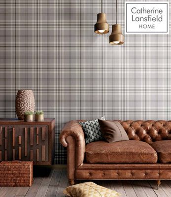 Catherine Lansfield Kelso Check Light Grey Wallpaper 165521