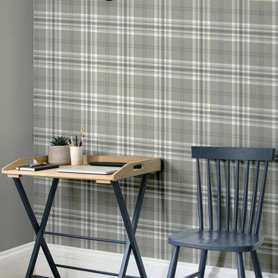 Catherine Lansfield Kelso Check Light Grey Wallpaper 165521