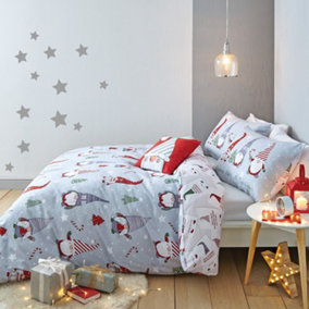 Catherine Lansfield Kids Bedding Brushed Cotton Christmas Gnomes Duvet Cover Set with Pillowcases Red/Grey