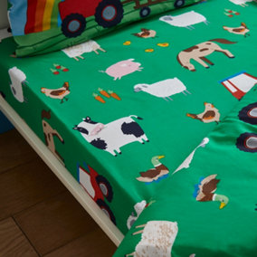 Catherine Lansfield Kids Bedroom Farmyard Animals Fitted Sheet 15cm Depth Green