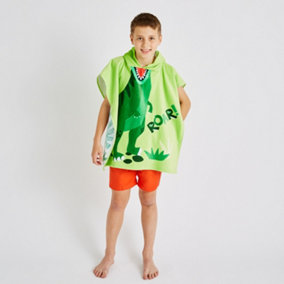 Catherine Lansfield Kids Dinosaur Hooded Cotton 60x120cm Towel Poncho Green