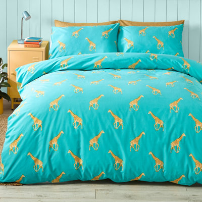 Catherine Lansfield Kids Havin A Giraffe Reversible Duvet Cover Set with Pillowcases Aqua Blue