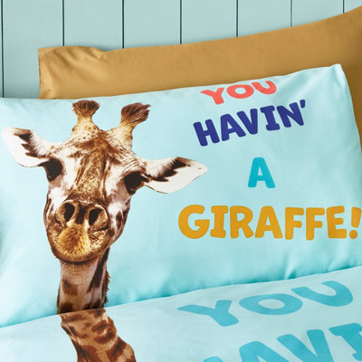 Catherine Lansfield Kids Havin A Giraffe Reversible Duvet Cover Set with Pillowcases Aqua Blue