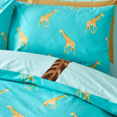 Catherine Lansfield Kids Havin A Giraffe Reversible Duvet Cover Set with Pillowcases Aqua Blue