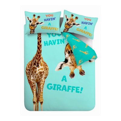Catherine Lansfield Kids Havin A Giraffe Reversible Duvet Cover Set with Pillowcases Aqua Blue