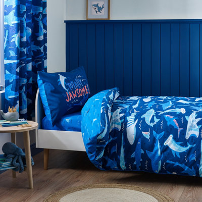 Catherine Lansfield Kids Jawsome Shark Reversible Double Duvet Cover Set with Pillowcases Navy Blue