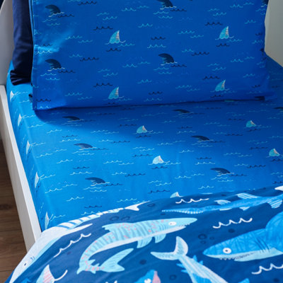 Catherine Lansfield Kids Jawsome Shark Single Fitted Sheet Navy Blue