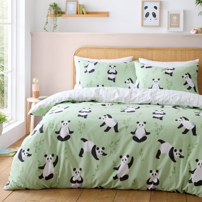 Catherine Lansfield Kids Panda Paws Reversible Double Duvet Cover Set with Pillowcases Green