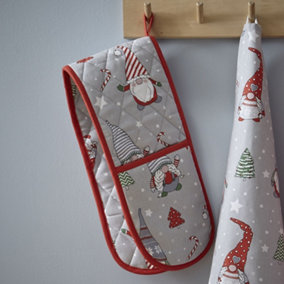 Catherine Lansfield Kitchen Christmas Gnomes 18x88 cm Double Oven Glove Grey/ Red