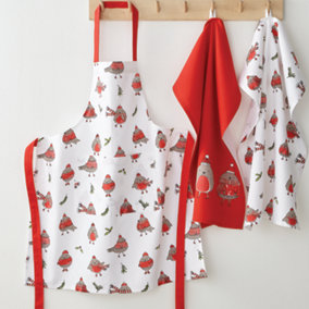Catherine Lansfield Kitchen Robins 70x80cm Adult Apron White/Red